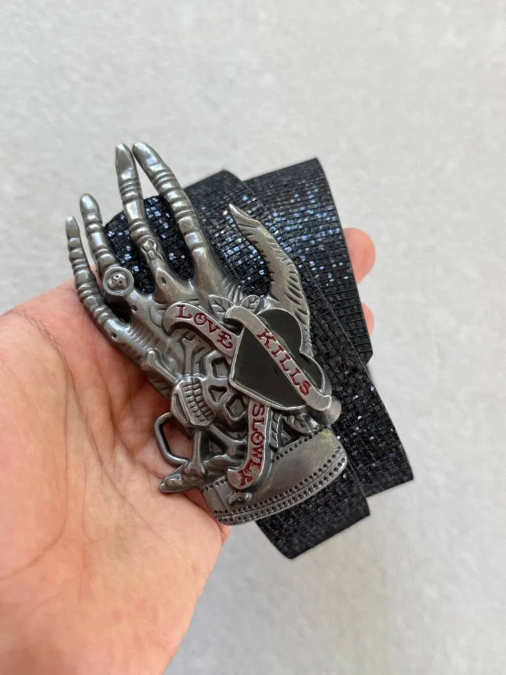 Black Glitter Skeleton Hand Skull Buckle Belt